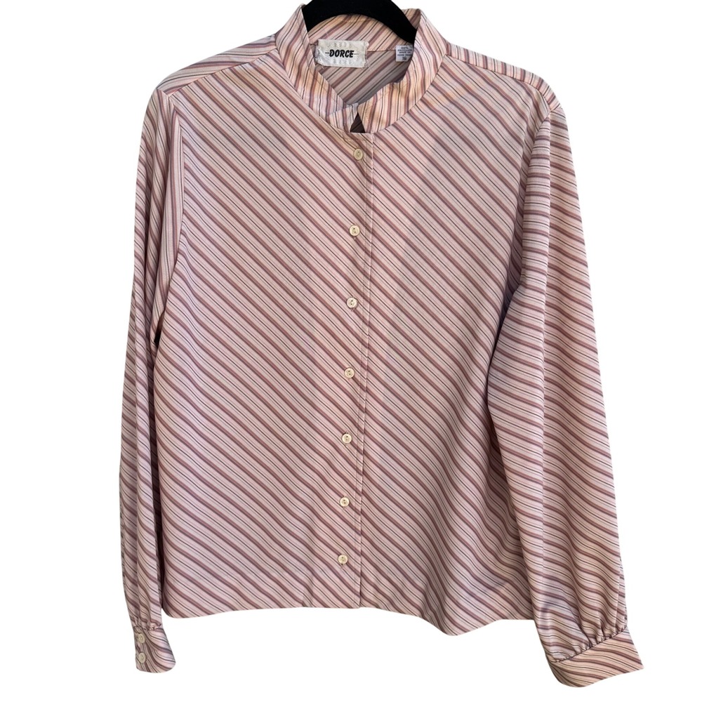 Dorce Vintage 70s Mod Secretary Preppy Pink Striped Mandarin Collar Blouse 16